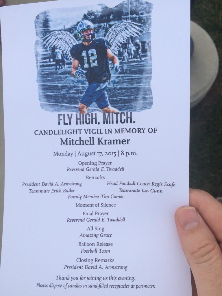 EvanMillward's tweet photo. PHOTO: Tonight's @TMC_Football memorial for #MitchKramer @WCPO http://t.co/fDocUjzEFz