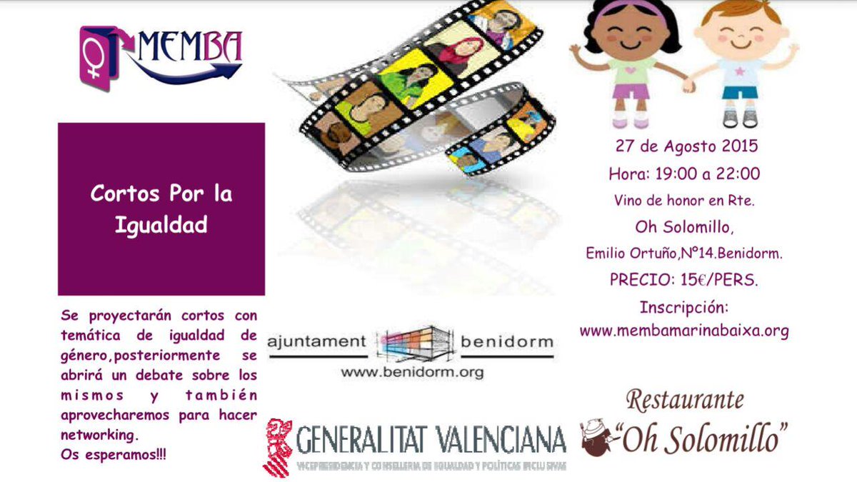 MEMBAMB's tweet photo. Cortos por la igualdad, vino de honor (picaeta) y networking :27.08.15 Registrate en:http://t.co/LJlw9jSMT0. http://t.co/ISzHbvmBmO