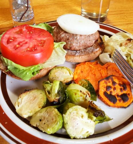 ACOGPastor's tweet photo. Flying solo missing the skills of Imani, turkey burger, brussel  sprouts, cabbage all grilled &amp; sweet potato chips! http://t.co/G7Y0e1Dj3V