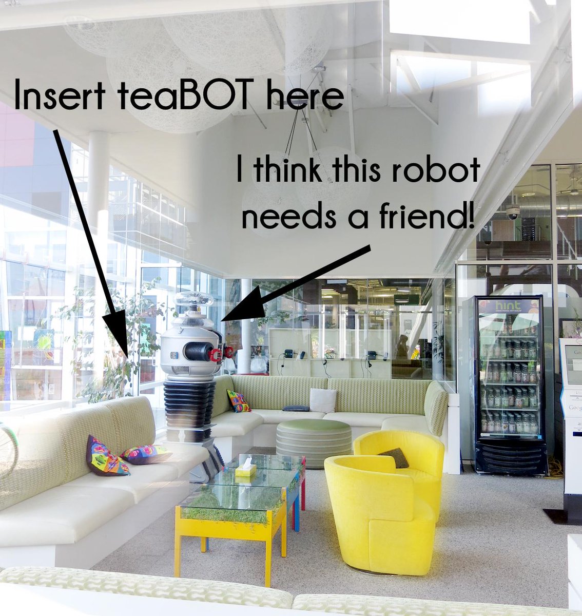 soundslikeknock's tweet photo. Took a peek into @google's cafeteria &amp; it looks like their robot could use a @myteabot friend #BOTthisSpot @AmIright? http://t.co/ZURCXVFnuS