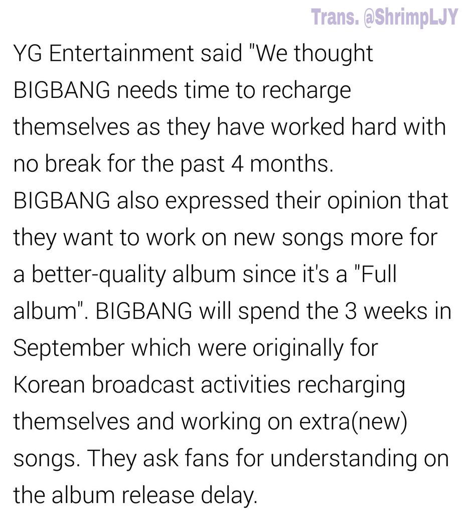 ShrimpLJY's tweet photo. [NEWS] BIGBANG decided to delay the full album release and have time to recharge themselves
(http://t.co/lNUwiiRma8) http://t.co/YImbSZWPQT