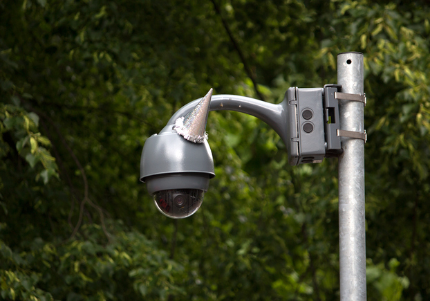aruna_sekhar's tweet photo. Dutch artists celebrate George Orwell's birthday by putting party hats on surveillance cams http://t.co/qOM7i8FL4u http://t.co/0YjATl3sH5