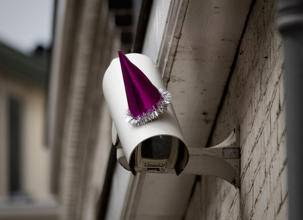 aruna_sekhar's tweet photo. Dutch artists celebrate George Orwell's birthday by putting party hats on surveillance cams http://t.co/qOM7i8FL4u http://t.co/0YjATl3sH5