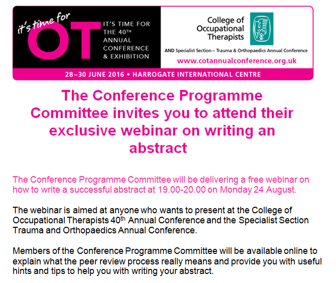 theRCOT's tweet image. Register and access the free webinar on writing successful abstracts #COT2016
bit.ly/1gTugcc