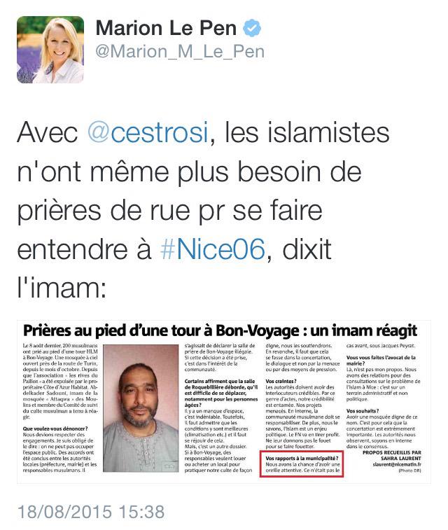 MarinePustorino's tweet photo. Propos intolérables de @Marion_M_Le_Pen , qui utilise la menace islamiste comme fond de commerce pour sa campagne ! http://t.co/1EZFkVcfri