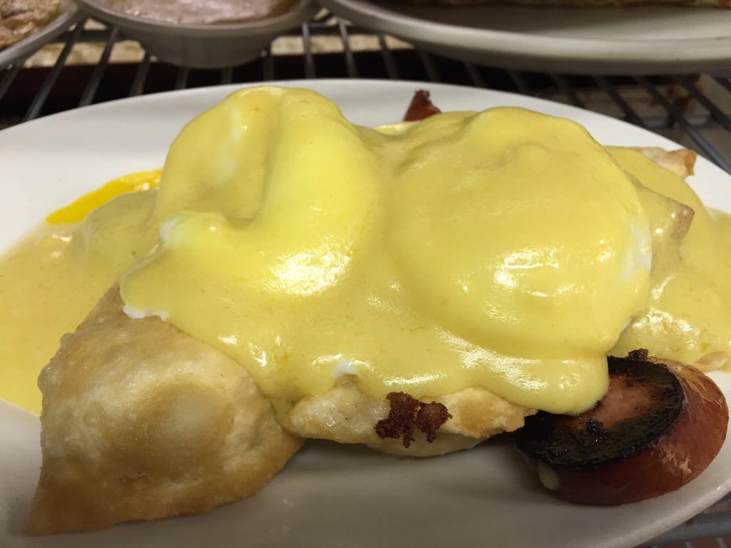 ChezVachon's tweet photo. New polish Benedict! Perogies topped with kielbasa and poached eggs covered in hollandaise http://t.co/zpk67xaN49