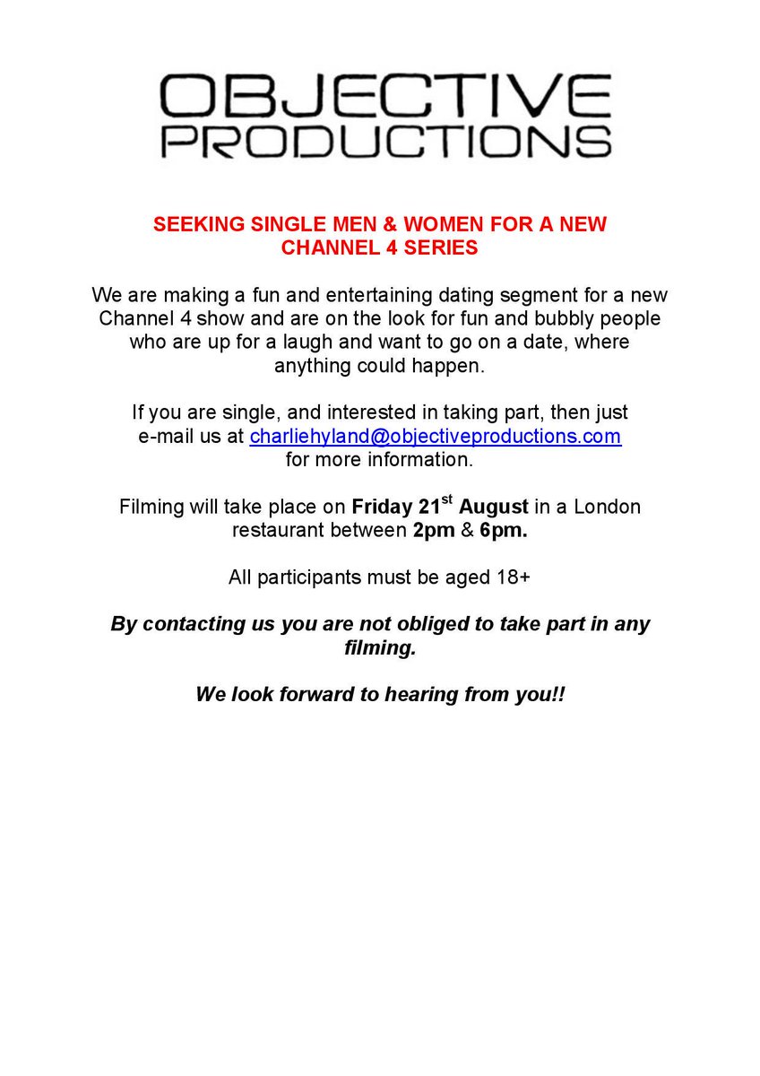 @sexy_guy Can we get a RT please? Single men &amp; women wanted for a new C4 Series. Get in touch for more info.