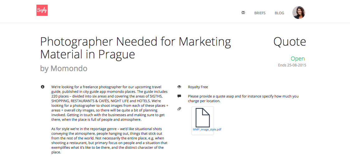 SoplyHQ's tweet photo. Looking for pro #photographers in #Prague! Read the brief at https://t.co/M0JM8wJllf! Submit your quote ASAP! #Jobs http://t.co/BvN8lW8Ueh