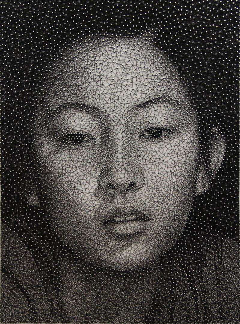 designerhumor's tweet photo. Portrait, single thread wrapped around nails, by Kumi Yamashita http://t.co/0NKgv5MOed