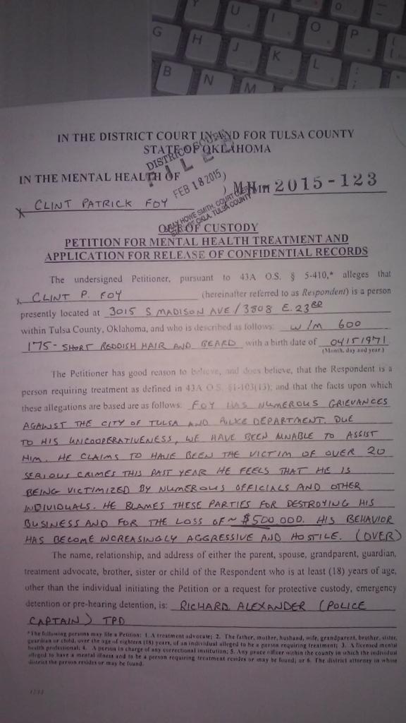 ClintPatrick808's tweet photo. @koconews corrupt Tulsa Police Captain Richard Alexander knowingly lies to the court. http://t.co/pLUjyJ44lg