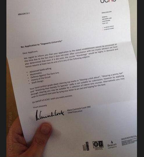 Whatuni's tweet photo. Student applied to Hogwarts...UCAS gave a legendary reply... http://t.co/LdmJnHgW0X