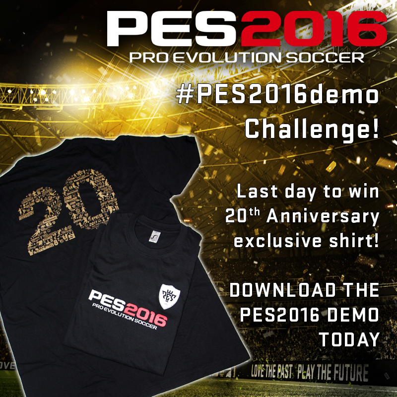 play_eFootball's tweet photo. Last day to win our exclusive 20th Anniversary shirt! Join our #PES2016demo challenge today! http://t.co/PlzRqYjUKW http://t.co/Mdkjc9t72d