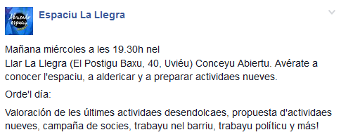 La_Llegra's tweet photo. Esti miércoles conceyu abiertu nel Llar, ¡fai tuyu l'espaciu! http://t.co/yYL5jUOdks
