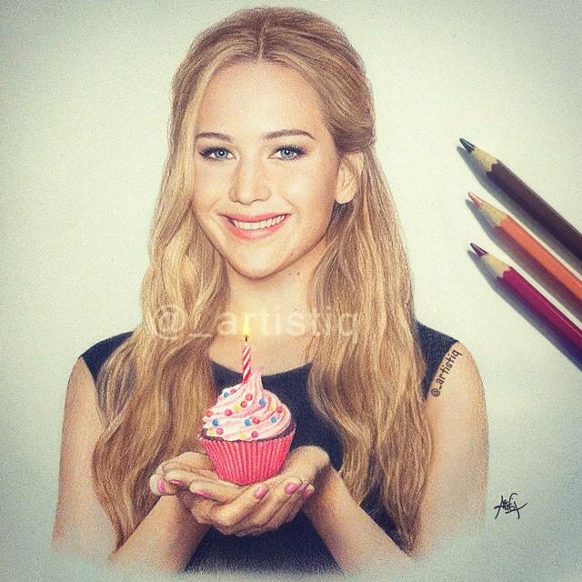 \" Jennifer Lawrence, drawn with colored pencils!  Happy 25th Birthday Jen!!   \" by  