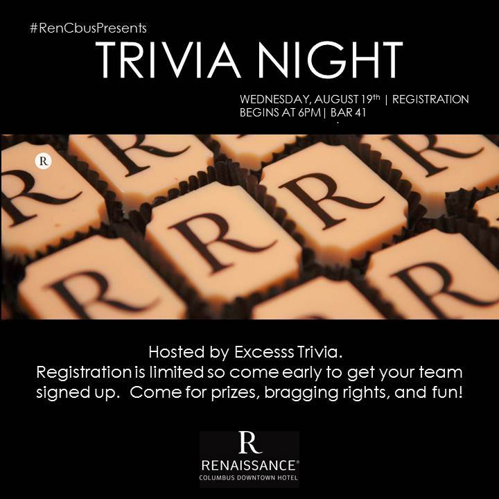RenaissanceCbus's tweet image. It's Trivia Night tomorrow night in Bar 41from 6-8pm hosted by @ExcesssTrivia #renhotels