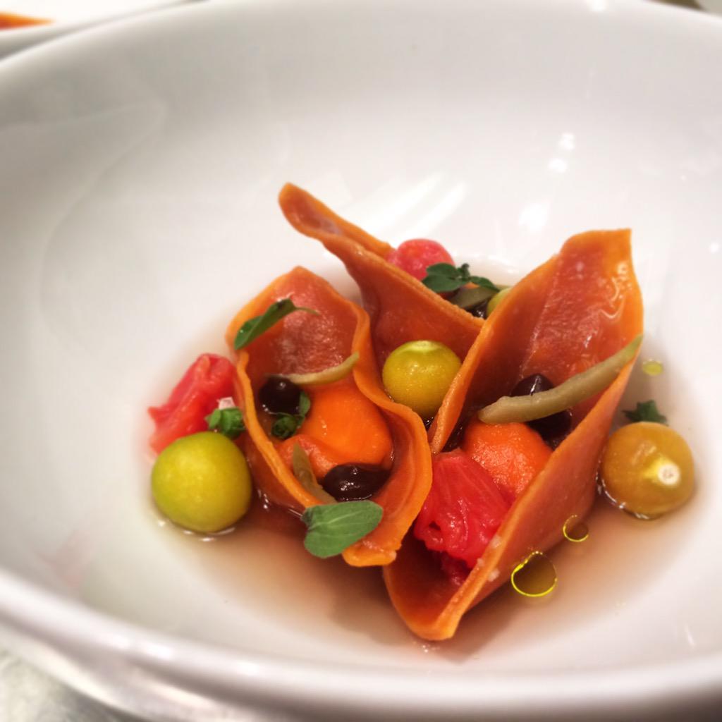 So fresh and so clean! New on the tasting: tomato tortelletti with stracciatella, olive, and husk cherry