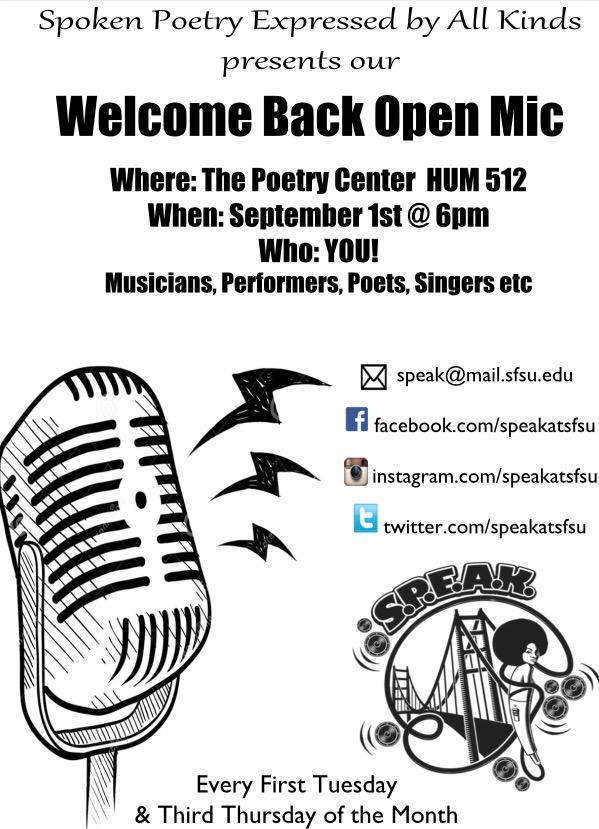 speakatsfsu's tweet photo. Catch our first show of Fall 2015 on September 1st in the Poetry Center (HUM 512) and check our social media 🙏🏽 http://t.co/KpTO9LX0yn