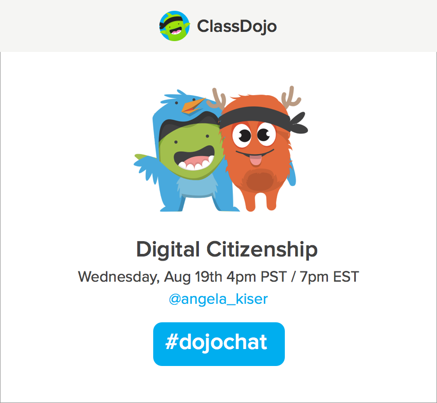 ClassDojo's tweet photo. How do you teach 'Digital Citizenship'? Join us tomorrow at 4pm PT/7pm ET for #dojochat! All are welcome! :D #edchat http://t.co/jX6iGmE6qU