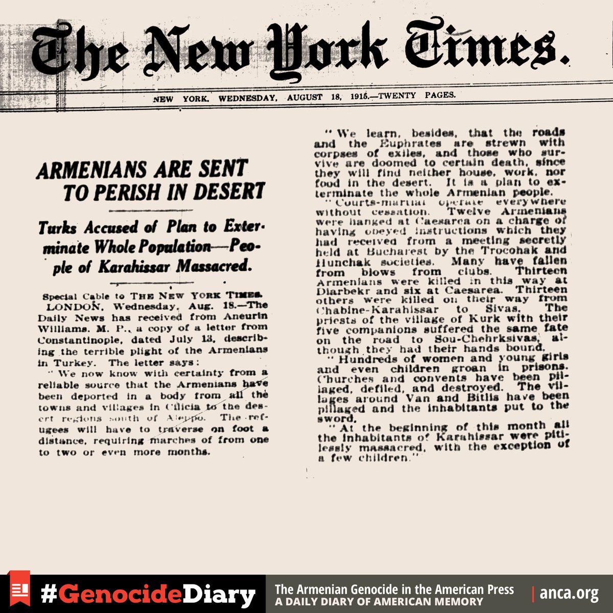 ANCA_DC's tweet photo. "A plan to exterminate the whole Armenian people" reports @nytimes, 8/18/1915 #ArmenianGenocide #GenocideDiary http://t.co/Yc6tEgRyQK
