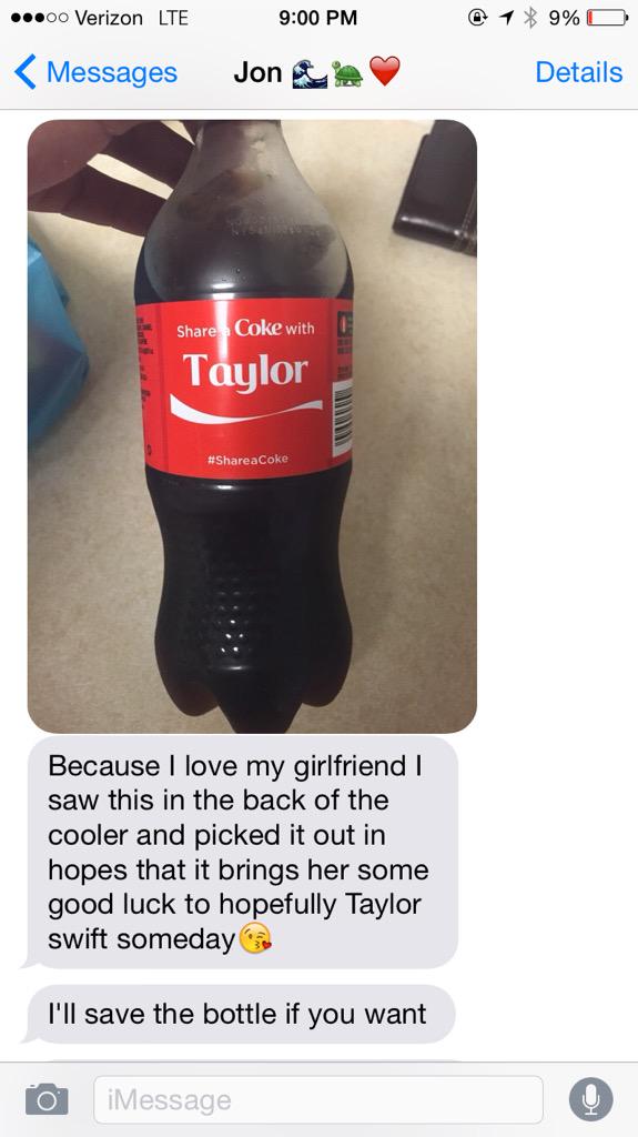alysha_robyn's tweet photo. @taylorswift13 It took awhile to find this but we finally got one!! #ShareACoke #ShareWithTaylor Thanks @alex_wylly 😍 http://t.co/uMyhhoYdTL