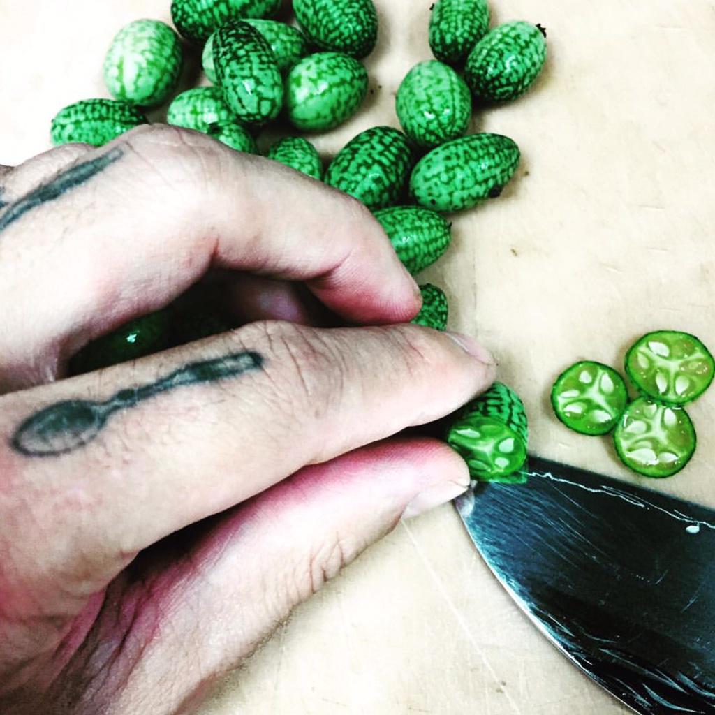 Only the most fresh interesting ingredients go into <a href="/chef_derek/">derek</a> creations at <a href="/outpostsb/">Outpost Restaurant</a> Tiny Cucumbers being sliced!