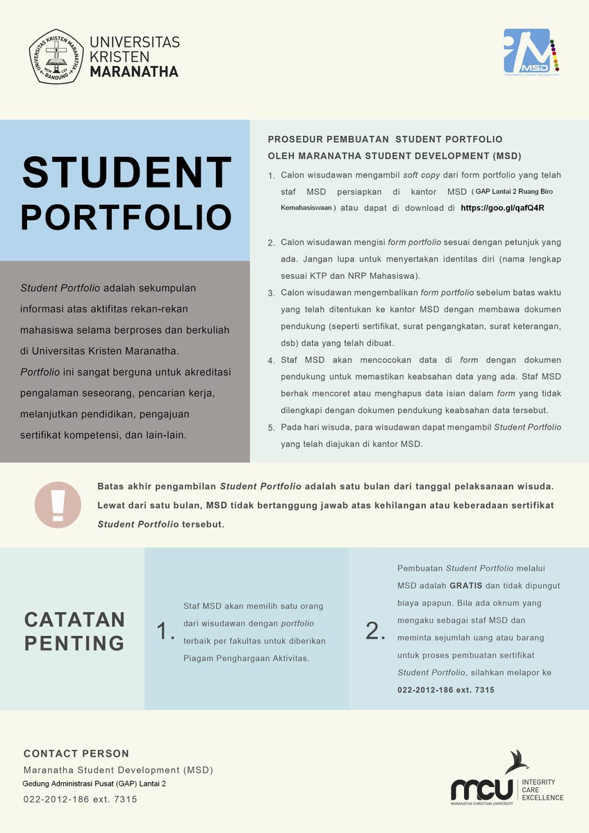 Pendaftaran Student Portofolio untuk wisudawan periode I tanggal 24 Oktober 2015 sudah dibuka.