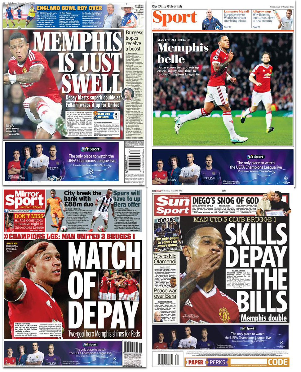 Depay_Stat's tweet photo. IN THE MEDIA | Memphis dominating the back pages of the English newspapers today [pic via VI] http://t.co/GtBQo3qy0v