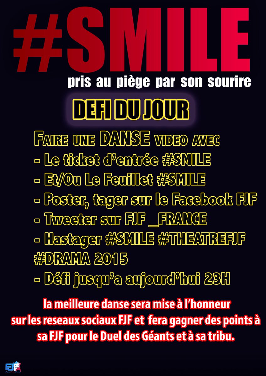 FJF_France's tweet photo. DÉFI N°3 : LA MEILLEURE DANSE POUR #SMILE
LES 3 premiers remporterons des points
#DRAMA2015 #THEATREFJF http://t.co/P3wlGr10Ti