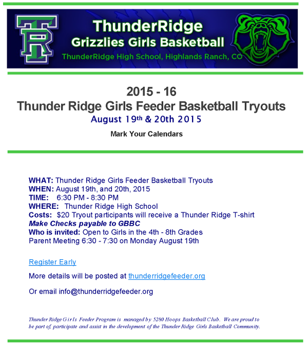 ThunderRidge Girls Feeder Tryouts Start Tonight. 6:30 - 8:30 PM @ ThunderRidge HS. <a href="/TRHSGrizzlies/">ThunderRidge HS</a> <a href="/TRHSGirlsHoops/">TR Girls Hoops</a>
