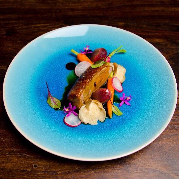 Sous vide Duck breast in port wine with pickled red radish, oyster mushroom, roast honey carrot and madeira sauce
