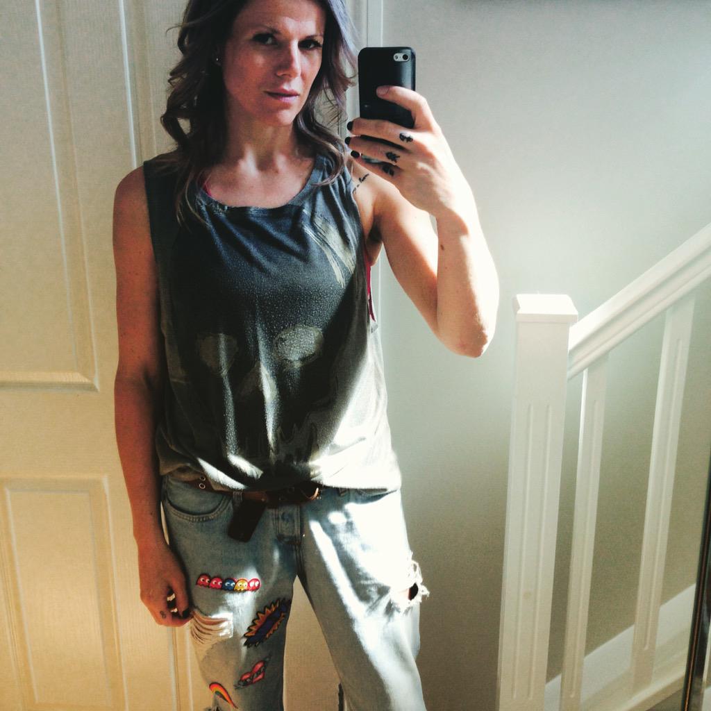 PixieTenenbaum's tweet photo. #TodayImWearing Pixels inspired jeans, @Topshop tank &amp; @adidasUK slides http://t.co/YmXHywhBAb