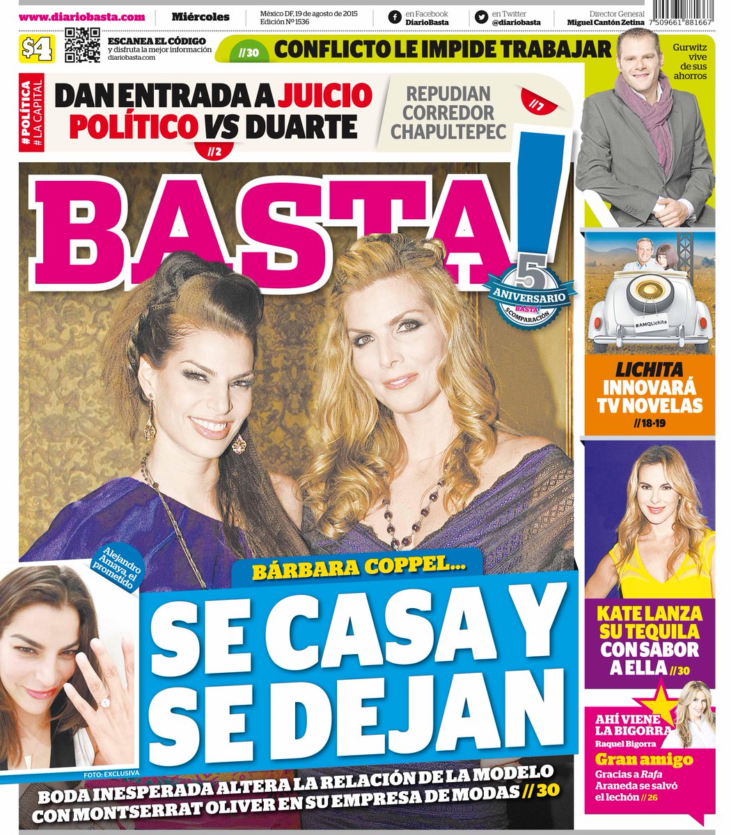 diariobasta's tweet photo. ¡Se casa y se dejan! Hoy en Basta! boda de #BarbaraCoppel altera la relación laboral con #MontserratOliver #PORTADA http://t.co/7oKm3tQBHJ