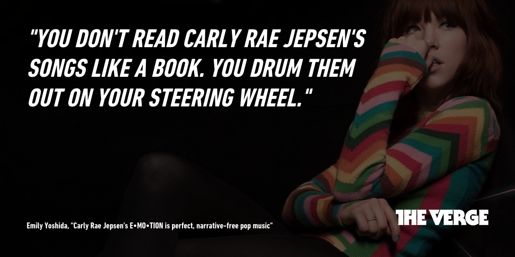 verge's tweet photo. Carly Rae Jepsen's E•MO•TION is perfect, narrative-free pop music http://t.co/0cZGlJp0S6 http://t.co/LvKbxjhV2S