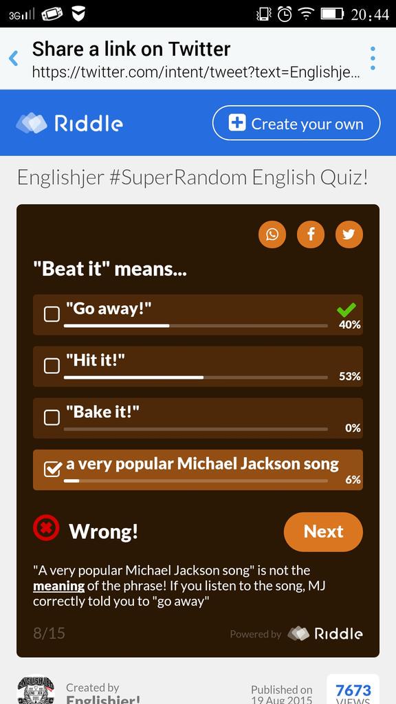 snsalwa's tweet image. I scored 13/15 in "Englishjer #SuperRandom English Quiz!" riddle.com/a/5476?result=… @englishjer 😂😂😂