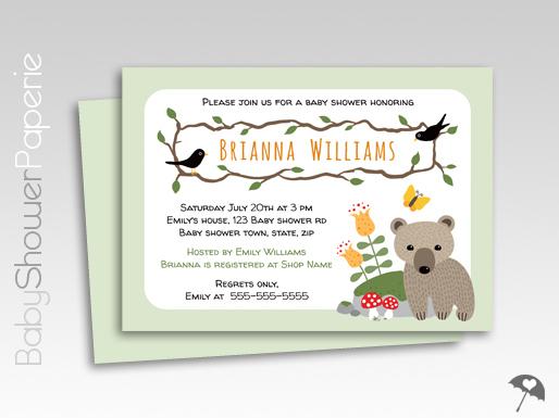 Bear with mushrooms and butterfly woodland baby shower invitation babyshowerpaperie.com/2015/08/bear-w…