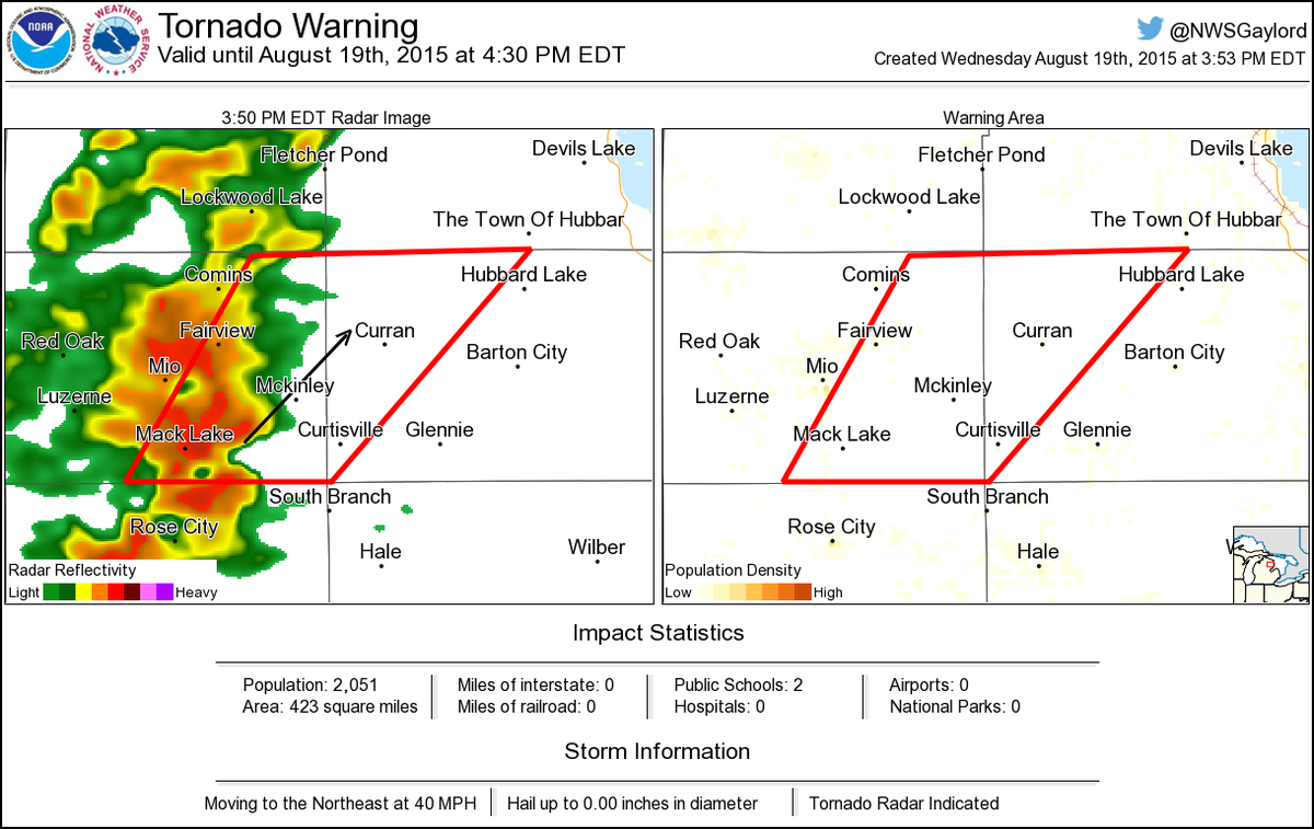Tornado Warning including Curtisville MI, Curran MI, Mack Lake MI until