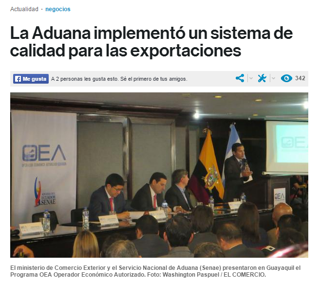 SENAE_Aduana's tweet photo. #ProgramaOEA posiciona al exportador a ser más competitivo en mercado mundial http://t.co/sjo3t14bNb @elcomerciocom http://t.co/3XwKURaFPO