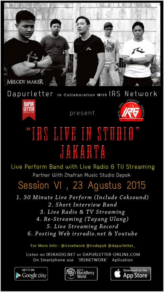 Siagakan utk #IRSLIVEINSTUDIO Session VI bersama <a href="/MelodyMakerband/">MELODY ▼ MAKER</a> ! Live irs radio &amp; irs tv streaming...