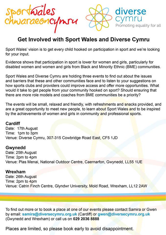 Tues, Plas Menai - how can access to sport be improved for women &amp; girls? 
Come and have your say! 
Booking essentia
