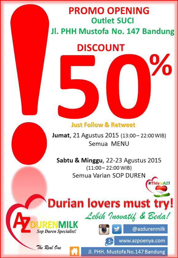 Kuliner_Bandung's tweet photo. Now Open, Outlet Suci 147. Diskon 50% Menu sop duren. Follow @AzdDurenmMilk n Retweet http://t.co/sSs3EcoLvt