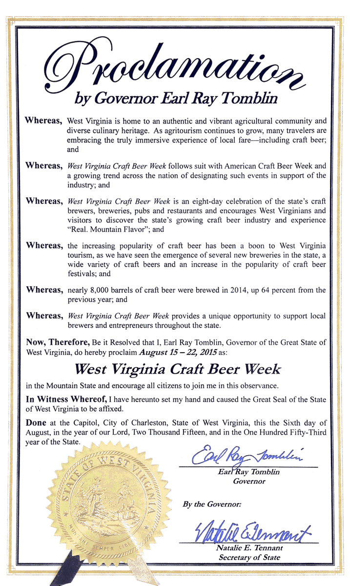davemistich's tweet photo. In case anyone wants to read @GovTomblin's #WVCBW proclamation, here it is. #craftbeer http://t.co/Z1bMnbYmB7