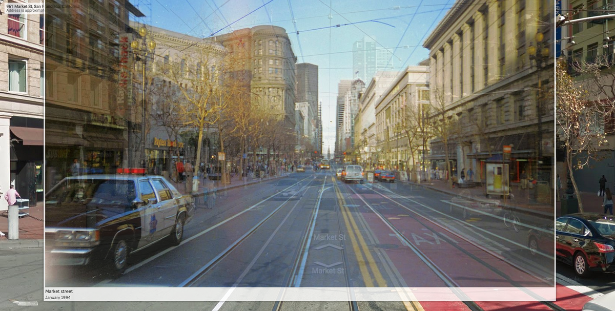 yearofthebay's tweet photo. Spot the changes in this wonderful pin contributed by user elantra, of SF’s Market St., 1994: http://t.co/Pkl986RUMF http://t.co/uFK3cTHUib