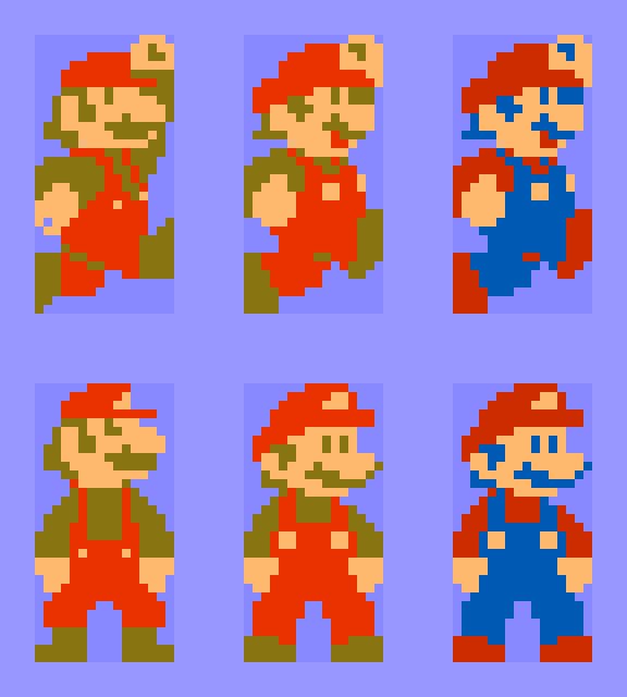 さゆぬ マリオのドット絵も今見ると何だか奇妙なので改変してみました 直立姿勢の下半分は多分左右反転で表示されてるので尊重 身長が 32 画素もあって マリオワールド などに比べてスラッとしてる ルイージと区別する為にも少し縮めたいな Http