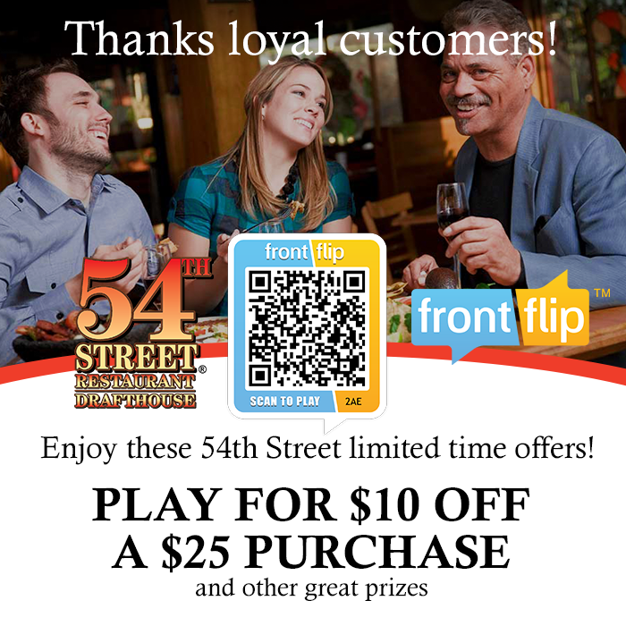 FrontFlip's tweet photo. The @54thStreetGrill limited-time offers expire this THURSDAY! Scan to play for these offers today on @FrontFlip! http://t.co/4Fmfaf9JAv