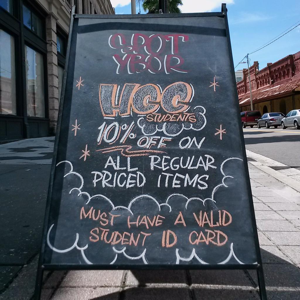 SPoTTampa's tweet photo. 10% off for HCC students at #SPoTYbor! 1327 E. 7th Ave. | Tampa 👍 http://t.co/wWSaa3J5ZX