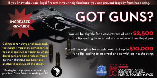 MurielBowser's tweet image. We cannot tolerate illegal guns in our neighborhoods. We need #guntipsdc to make DC safer. Reward is now: up to $2500