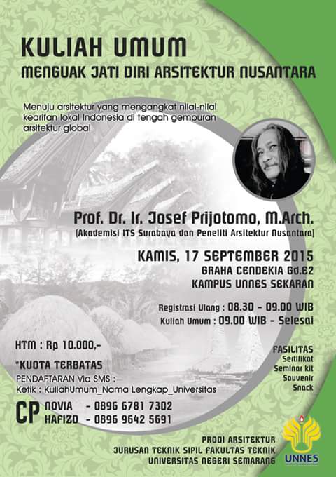 Nih, ada info Kuliah Umum tentang arsitektur Nusantara. Cuma 10K, detail baca pamflet. <a href="/cahUnnescom/">Info Seputar Unnes</a> <a href="/KampusUnnes/">Kampoes Oennes</a>