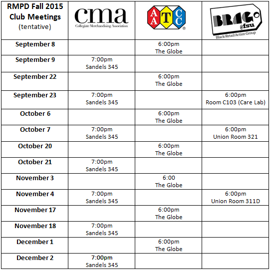 FSURetailCenter's tweet photo. RMPD Club Meeting Schedule for this semester! http://t.co/PUMUz5LmvN