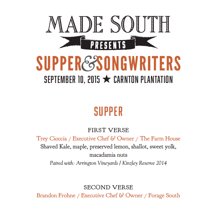 Here's a peek at our menu for Supper &amp; Songwriters. Only THREE DAYS LEFT to get your tickets! ticketbase.com/events/made-so…