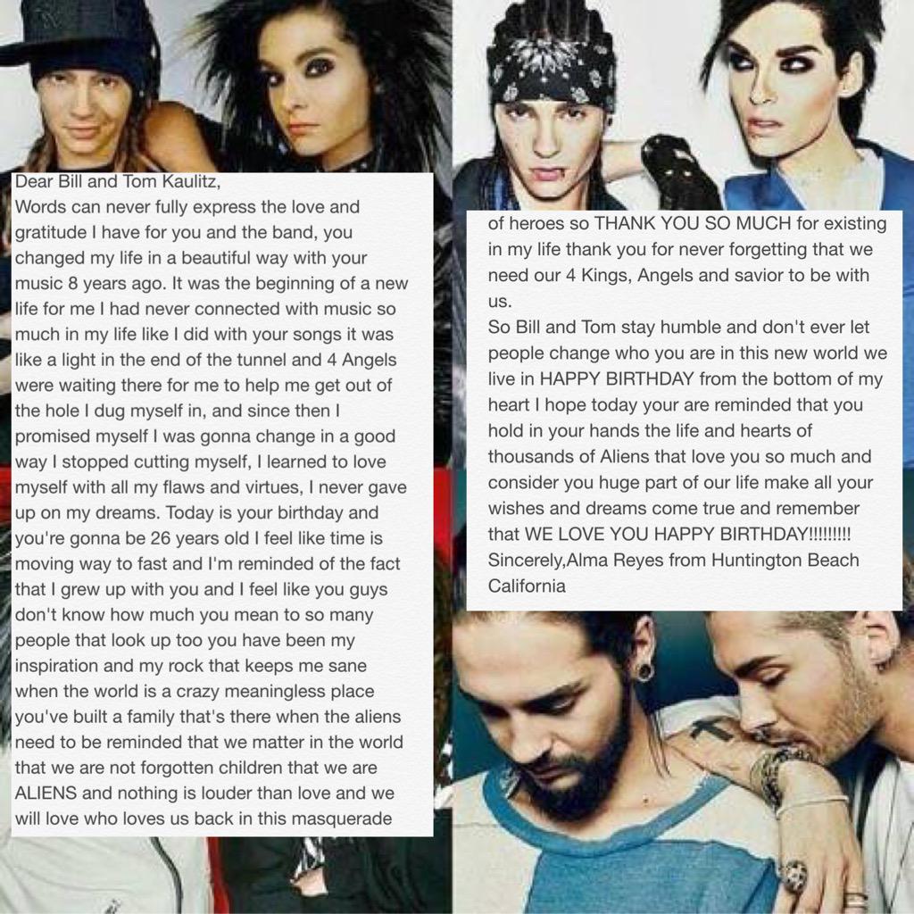 A letter from me to you Bill and Tom Kaulitz happy birthday Kings    